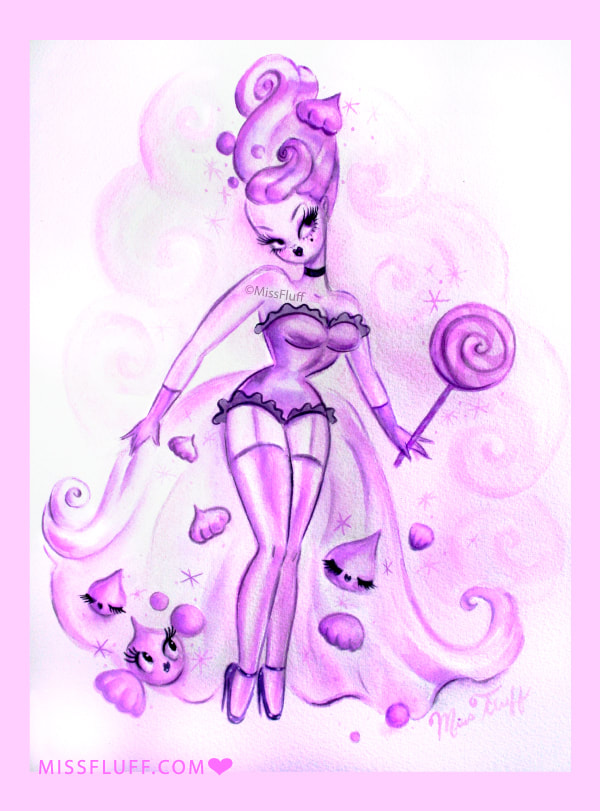Marie Antoinette inspired dolly with lollipops and gumdrops! Art by Miss Fluff.