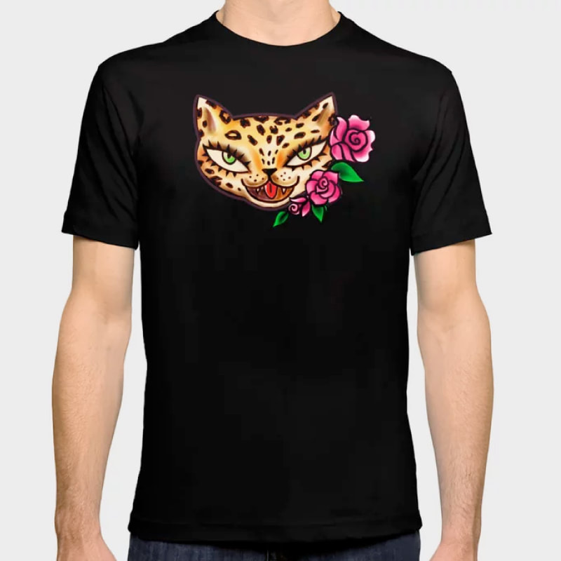 Vintage tattoo flash leopard with roses tee shirt by Miss Fluff.