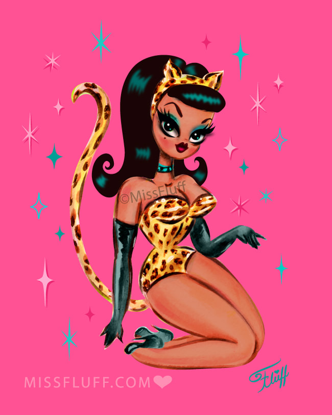 Vintage inspired pinup girl in a leoopard cat suit. Art by Miss Fluff