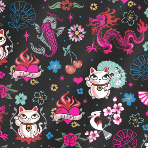 Cute asian inspired fabrics by the yard with Maneki Neko Kitties black. Art by Miss Fluff.