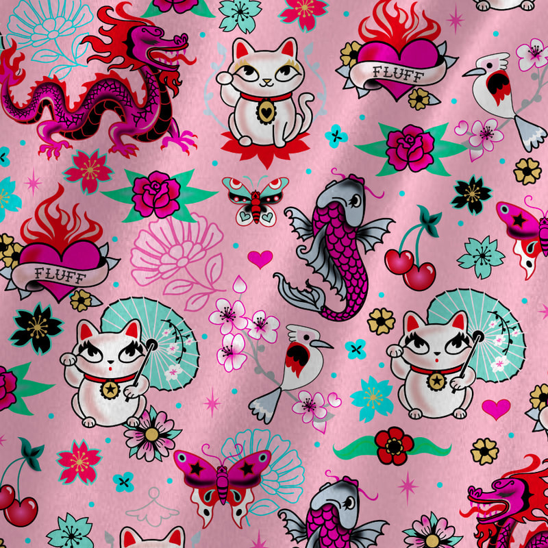 Cute asian inspired fabrics by the yard with Maneki Neko Kitties on Pink . Art by Miss Fluff.