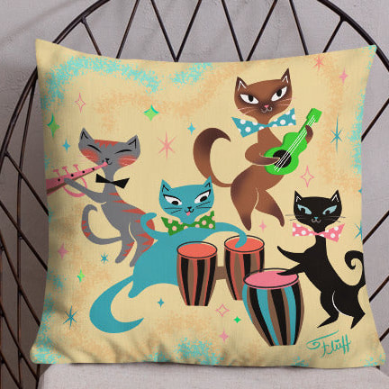 A very cute decor pillow with mid-century mod inspired band of kitties playing the mambo!