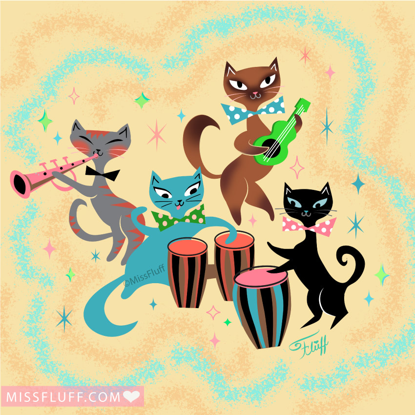 Cute wall art with mid-century mod inspired band of kitties playing the mambo!