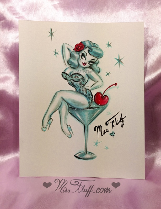 cotton candy blue hair pinup on a cherry martini