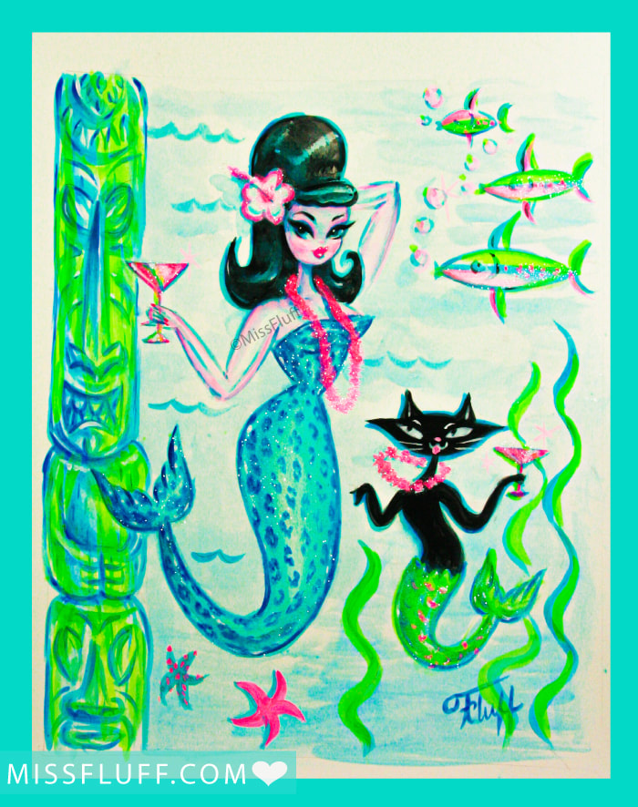 Vintage Inspired Tiki, Mid Century Modern Mermaid art by Miss Fluff.