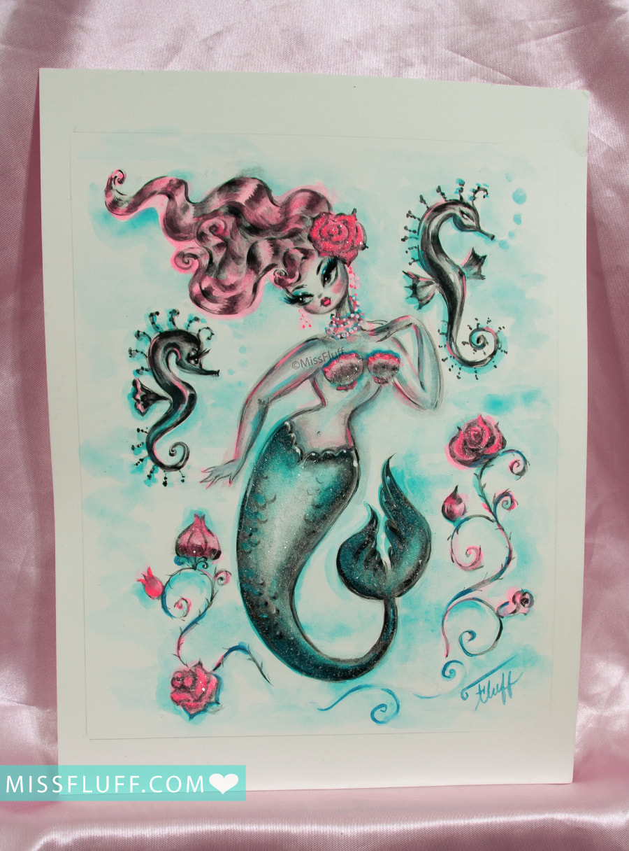 Vintage inspired mermaid art by Miss Fluff.