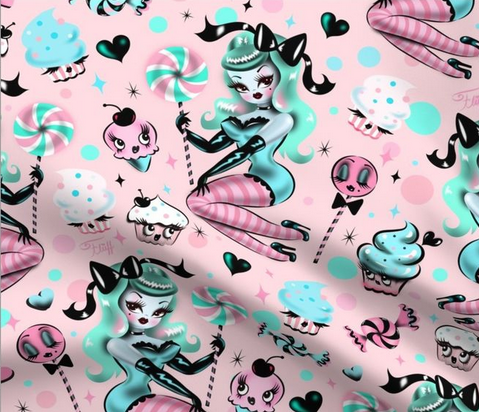 Cute pastel goth pinup doll with cupcakes and candy! Cute Fabrics by the yard by Miss Fluff.