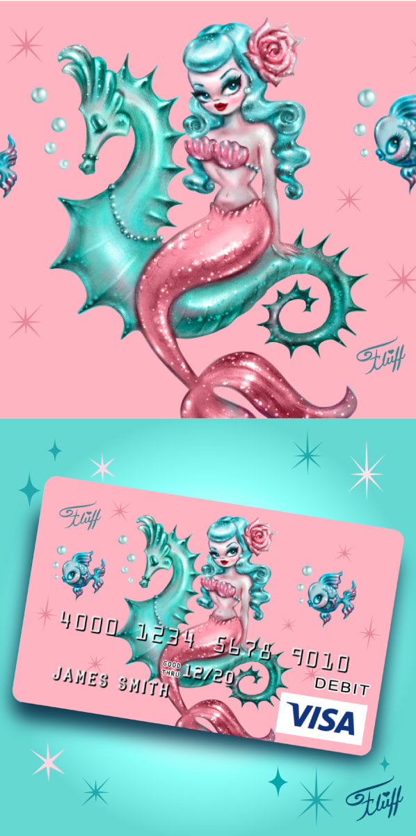 Cute Vintage Mermaid rechargable debit cards by Fluff
