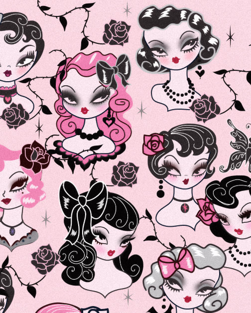 Pastel pink goth dollies artwork by Miss Fluff.