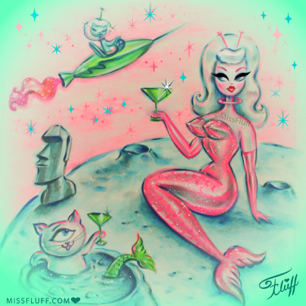 Alien pinup mermaid having martinis on the moon! Retro space age and atomic style art by Miss Fluff