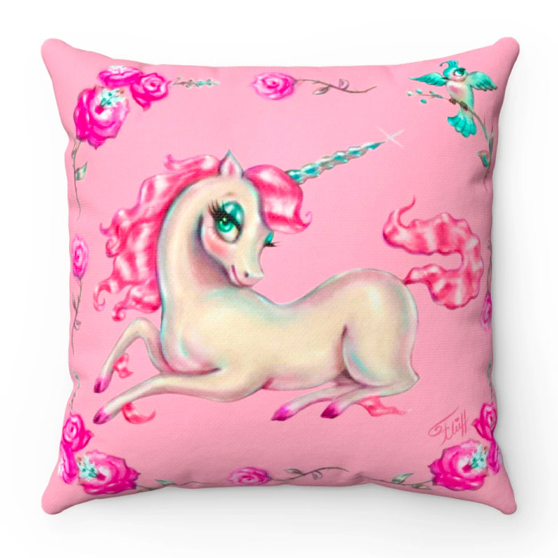 Vintage fairytale pink unicorn throw pillow by Miss Fluff.