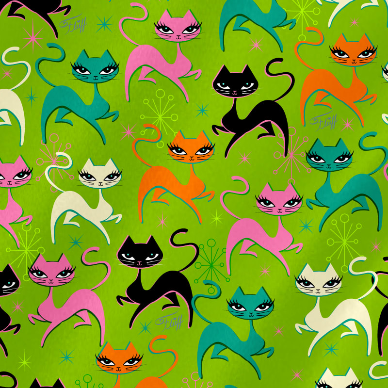 retro mid century modern cats. Vintage inspired Fabric by the Yard by Miss Fluff