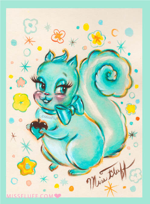 Cute vintage inspired squirrel art  by Miss Fluff.