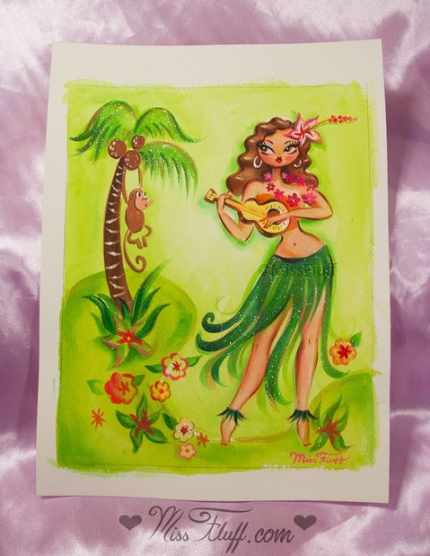 Cute vintage inspired hula girl painting by Miss Fluff