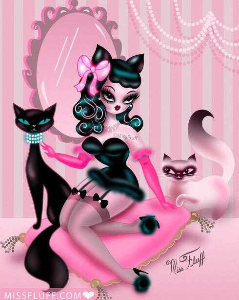 vintage pinup girl in lingerie with black cats by Miss Fluff.
