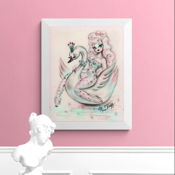Art Print featuring a vintage pinup inspired pixie riding  a swan prince.