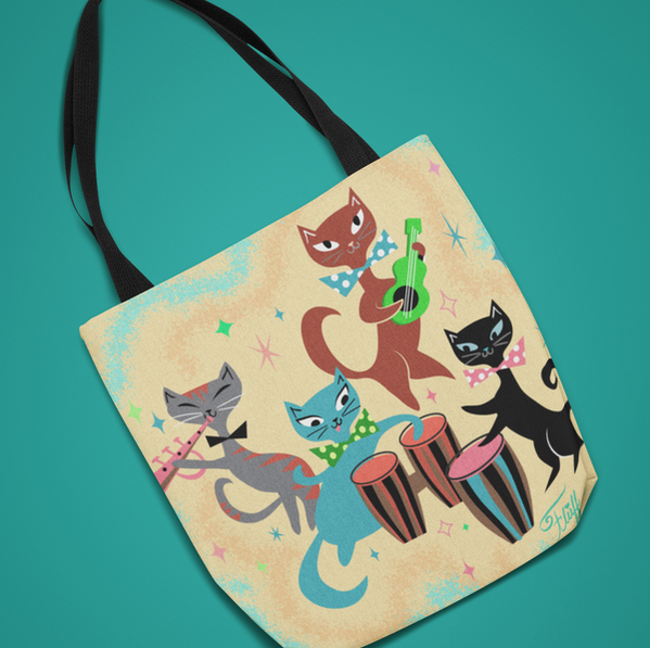 A very cute retro tote with mid-century mod inspired band of kitties playing the mambo!