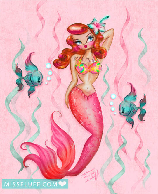 vintage inspired tropical mermaid art prints by Miss Fluff.