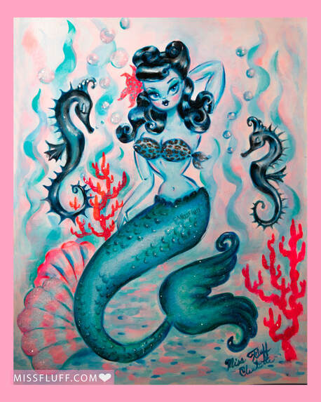 Pinup style mermaid with victory rolls.