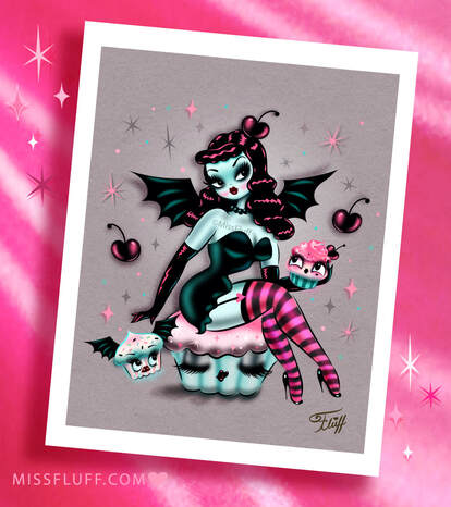 Goth candy pinup girl with vampire cupcakes. Glitter art prints by Miss Fluff