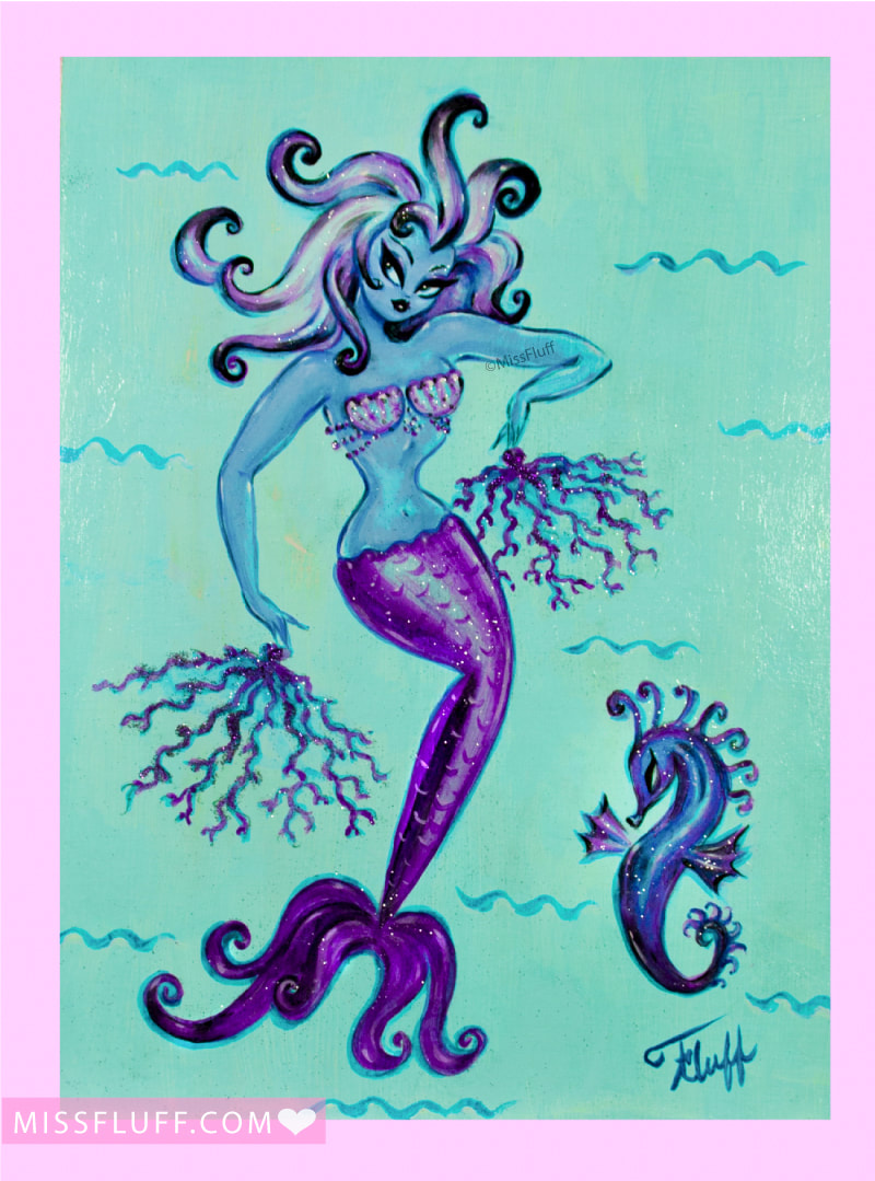 Vintage Burlesque inspired mermaid art by Miss Fluff.