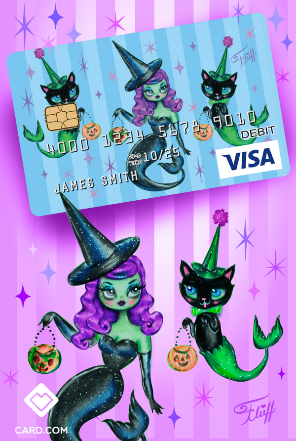 Cute Witch Mermaid and purrmaids. Art by Miss Fluff on Visa Debit cards!