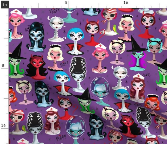 A vintage horror and classic halloween inspired fabric pattern with cute dollies! With vampires, witches,

 black cats, bride of frankenstein, nurses, devils!