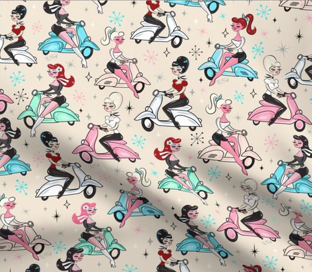Mid century retro mod fabric featuring girls on Vespa Scooters by the yard by Miss Fluff.