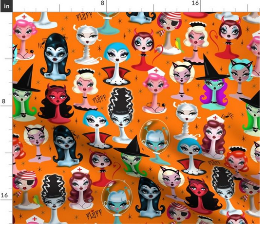 Vintage inspired Halloween fabrics with classic horror cute dollies! Including vampires, witches,
 black cats, bride of frankenstein, nurses, devils!