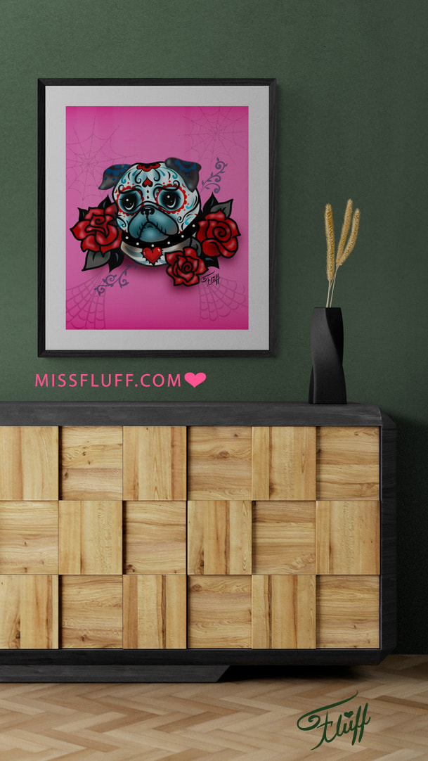 Cute Sugar Skull Pug • Art prints by Miss Fluff.