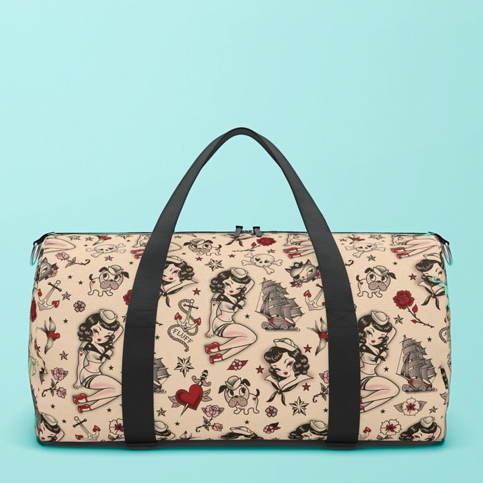 Cute retro duffle bag with vintage tattoo inspired sailor girls! Art by Miss Fluff.