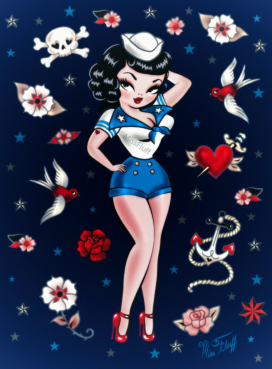 Art Print featuring a cute pinup sailor girl inspired by nautical tattoo art of the 1940s. Art by Miss Fluff.