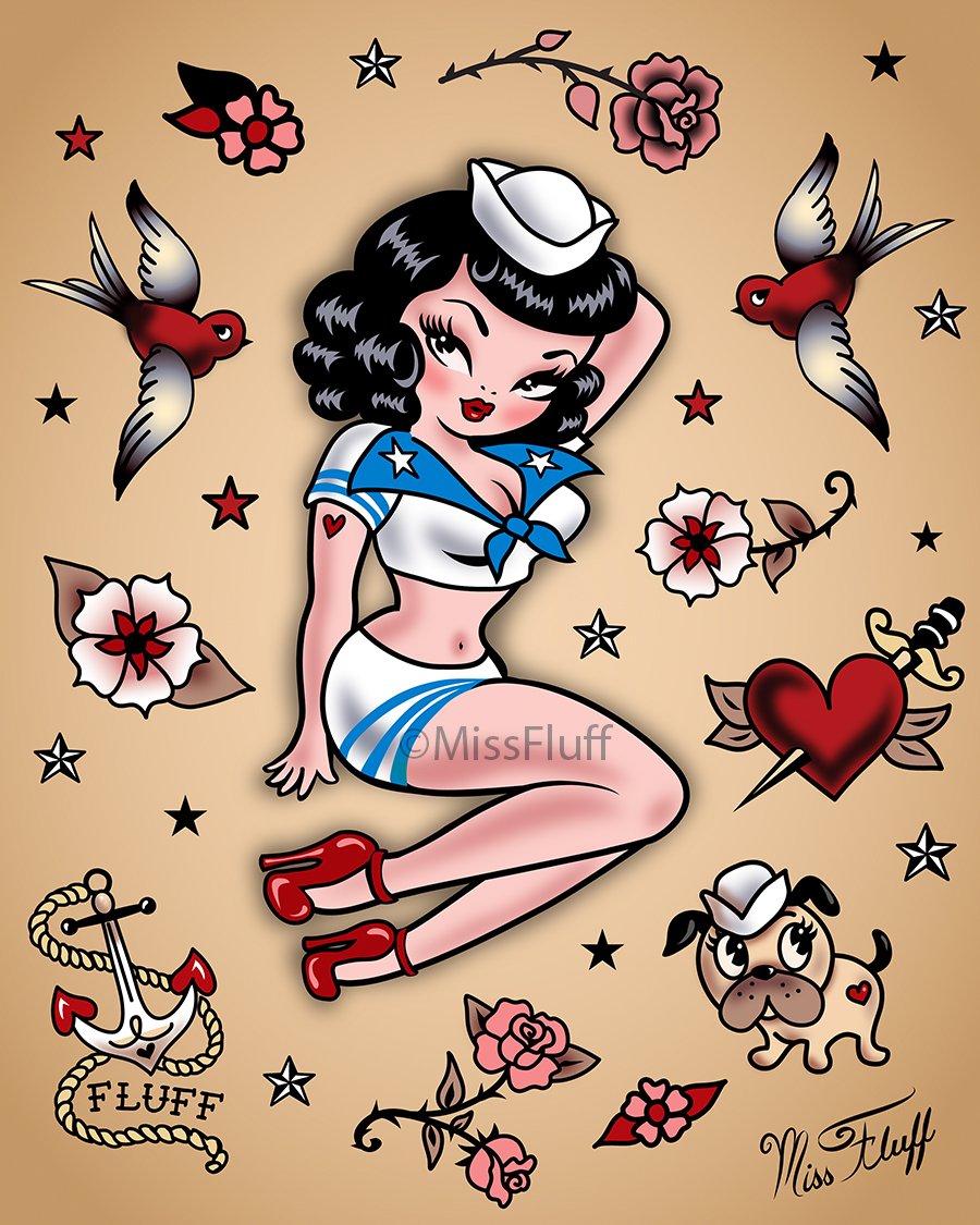 Art Print featuring a cute sailor girl inspired by nautical tattoo art of the 1940s. Original by Miss Fluff.
