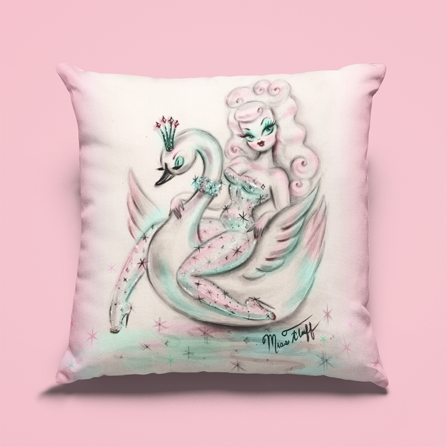 Cute Decor Pillow featuring a vintage pinup inspired pixie riding  a swan prince.