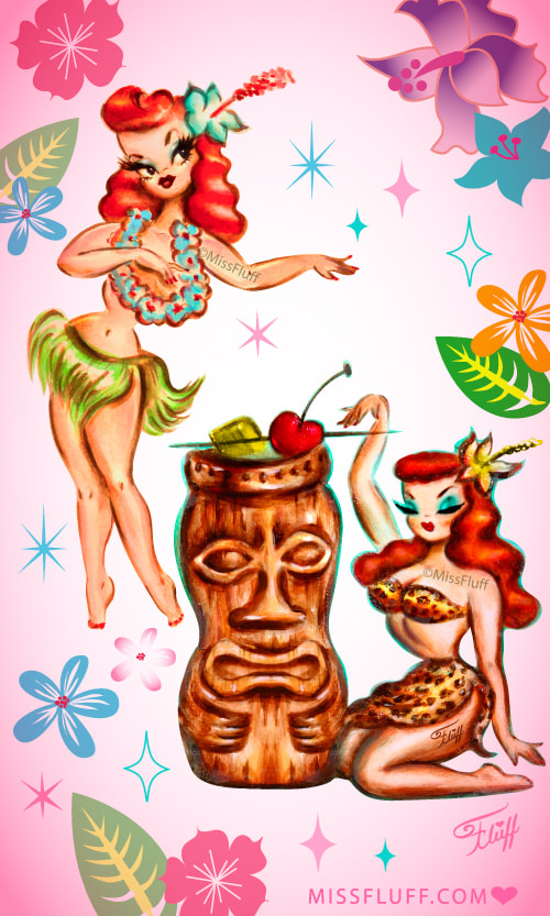 vintage style hula girls and tiki mugs. Vinyl stickers by Miss Fluff.